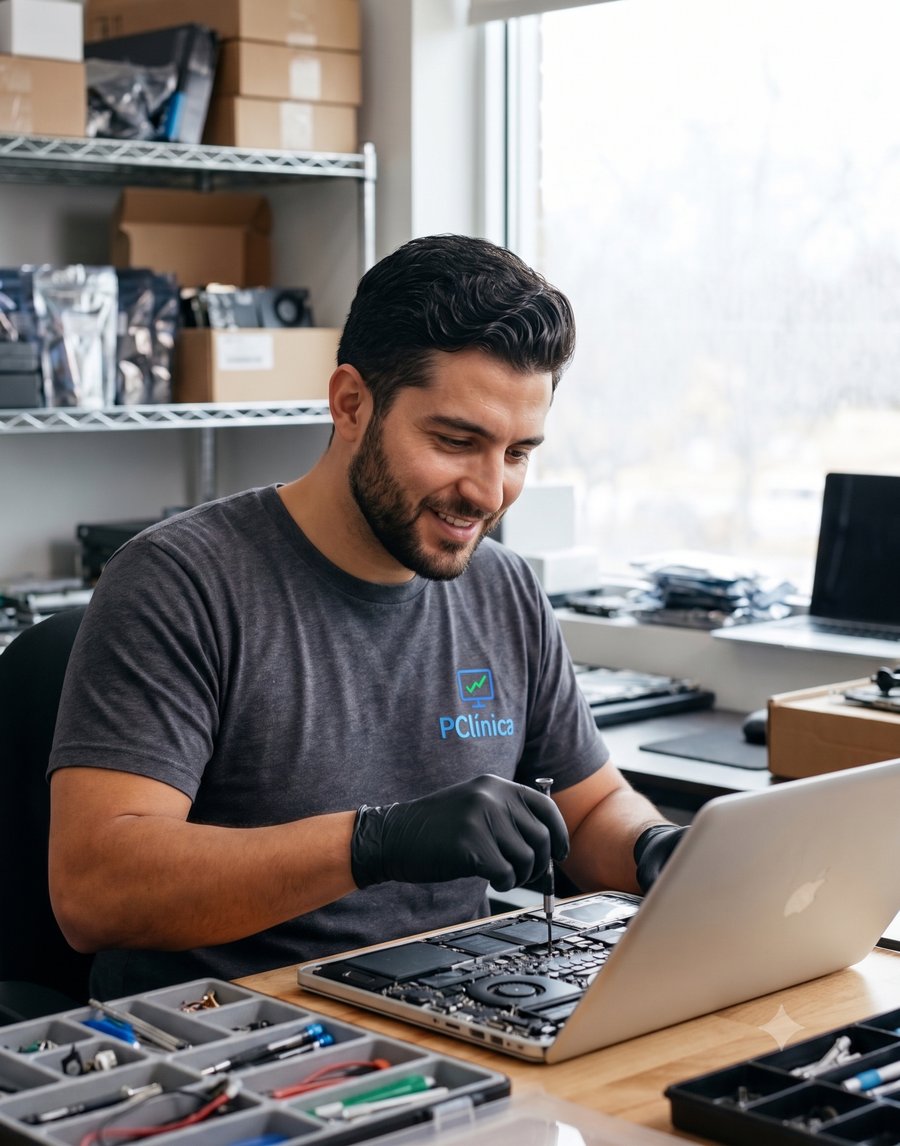 Técnico de PClínica reparando una laptop en el taller